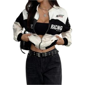 image:imageGORGLITTER Womens Race Car F1 Jacket Y2k Racing Motorcycle Oversized Graphic Varsity Zip Up Lightweight Jackets StreetwearApricot