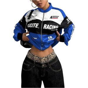 image:imageGORGLITTER Womens Race Car F1 Jacket Y2k Racing Motorcycle Oversized Graphic Varsity Zip Up Lightweight Jackets StreetwearBlue1