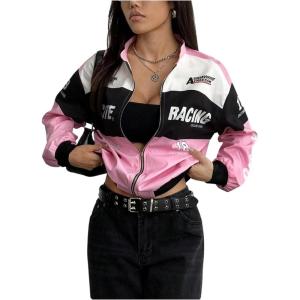 image:imageGORGLITTER Womens Race Car F1 Jacket Y2k Racing Motorcycle Oversized Graphic Varsity Zip Up Lightweight Jackets StreetwearPink