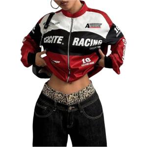 image:imageGORGLITTER Womens Race Car F1 Jacket Y2k Racing Motorcycle Oversized Graphic Varsity Zip Up Lightweight Jackets StreetwearRed