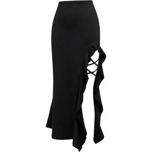 image:imageGORGLITTER Womens Ruffle Asymmetrical Maxi Skirts Y2K Slit High Waist Criss Cross Sexy Bodycon Long Skirt Going OutfitsBlack