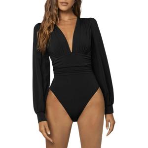 image:imageGORGLITTER Womens Sexy Ruched Deep V Neck Long Sleeve Bodysuit Plunging Neckline Leotard ShirtsBlack