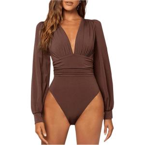 image:imageGORGLITTER Womens Sexy Ruched Deep V Neck Long Sleeve Bodysuit Plunging Neckline Leotard ShirtsBrown