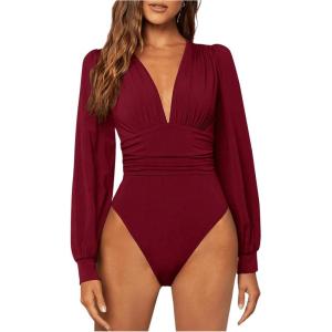 image:imageGORGLITTER Womens Sexy Ruched Deep V Neck Long Sleeve Bodysuit Plunging Neckline Leotard ShirtsBurgundy