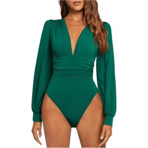 image:imageGORGLITTER Womens Sexy Ruched Deep V Neck Long Sleeve Bodysuit Plunging Neckline Leotard ShirtsGreen