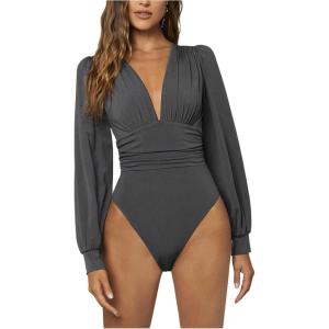 image:imageGORGLITTER Womens Sexy Ruched Deep V Neck Long Sleeve Bodysuit Plunging Neckline Leotard ShirtsGrey