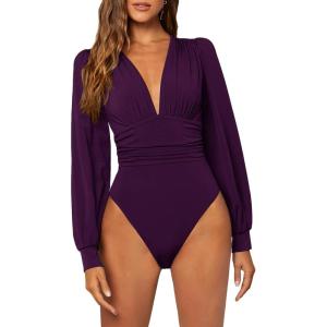 image:imageGORGLITTER Womens Sexy Ruched Deep V Neck Long Sleeve Bodysuit Plunging Neckline Leotard ShirtsPurple