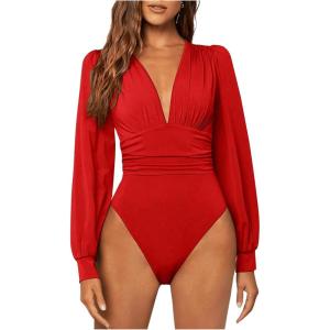 image:imageGORGLITTER Womens Sexy Ruched Deep V Neck Long Sleeve Bodysuit Plunging Neckline Leotard ShirtsRed
