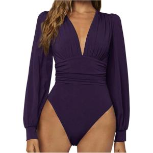 image:imageGORGLITTER Womens Sexy Ruched Deep V Neck Long Sleeve Bodysuit Plunging Neckline Leotard ShirtsViolet Purple