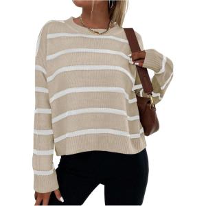 image:imageGORGLITTER Womens Striped Drop Shoulder Sweater Oversized Crew Neck Knit Sweaters Pullover TopApricot Striped