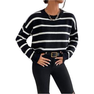 image:imageGORGLITTER Womens Striped Drop Shoulder Sweater Oversized Crew Neck Knit Sweaters Pullover TopBlack