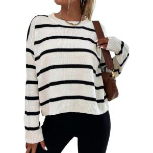 image:imageGORGLITTER Womens Striped Drop Shoulder Sweater Oversized Crew Neck Knit Sweaters Pullover TopBlack and White