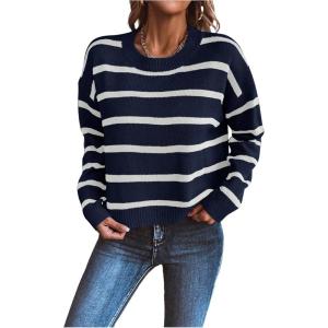 image:imageGORGLITTER Womens Striped Drop Shoulder Sweater Oversized Crew Neck Knit Sweaters Pullover TopBlue Striped Loose