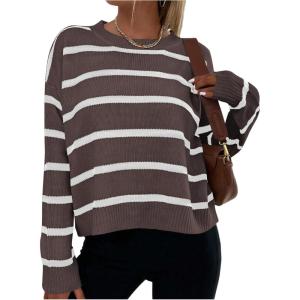 image:imageGORGLITTER Womens Striped Drop Shoulder Sweater Oversized Crew Neck Knit Sweaters Pullover TopBrown