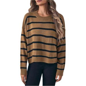 image:imageGORGLITTER Womens Striped Drop Shoulder Sweater Oversized Crew Neck Knit Sweaters Pullover TopBrown Striped