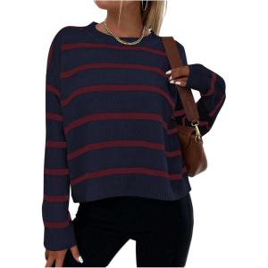 image:imageGORGLITTER Womens Striped Drop Shoulder Sweater Oversized Crew Neck Knit Sweaters Pullover TopDark Blue and Red