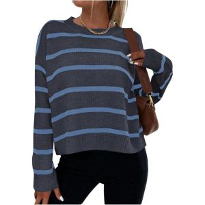 image:imageGORGLITTER Womens Striped Drop Shoulder Sweater Oversized Crew Neck Knit Sweaters Pullover TopDark Grey and Blue