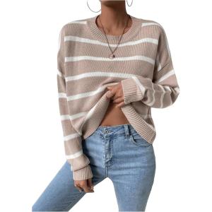 image:imageGORGLITTER Womens Striped Drop Shoulder Sweater Oversized Crew Neck Knit Sweaters Pullover TopDusty Pink