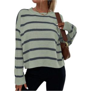 image:imageGORGLITTER Womens Striped Drop Shoulder Sweater Oversized Crew Neck Knit Sweaters Pullover TopGreen Striped