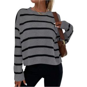image:imageGORGLITTER Womens Striped Drop Shoulder Sweater Oversized Crew Neck Knit Sweaters Pullover TopGrey Striped