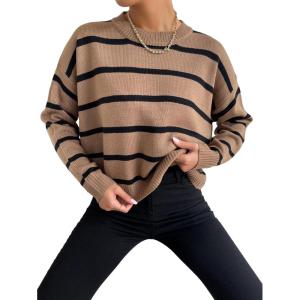 image:imageGORGLITTER Womens Striped Drop Shoulder Sweater Oversized Crew Neck Knit Sweaters Pullover TopKhaki