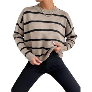 image:imageGORGLITTER Womens Striped Drop Shoulder Sweater Oversized Crew Neck Knit Sweaters Pullover TopLight Khaki