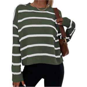image:imageGORGLITTER Womens Striped Drop Shoulder Sweater Oversized Crew Neck Knit Sweaters Pullover TopOlive Green
