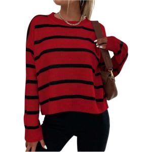 image:imageGORGLITTER Womens Striped Drop Shoulder Sweater Oversized Crew Neck Knit Sweaters Pullover TopRed Striped Loose
