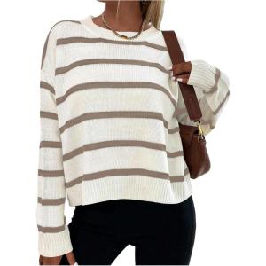 image:imageGORGLITTER Womens Striped Drop Shoulder Sweater Oversized Crew Neck Knit Sweaters Pullover TopWhite and Brown