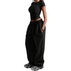 image:imageGORGLITTER Womens Wide Leg Joggers Sweatpants Baggy Y2k Elastic Waist Straight Leg Flared Loose Track Pants BottomsBlack