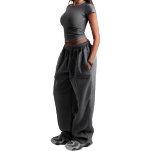 image:imageGORGLITTER Womens Wide Leg Joggers Sweatpants Baggy Y2k Elastic Waist Straight Leg Flared Loose Track Pants BottomsDark Grey
