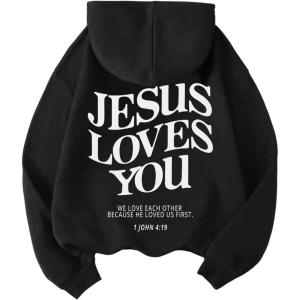 image:imageGORGLITTER Womens Y2K Christian Jesus Hoodies Trendy Graphic Letter Long Sleeve Fall Oversized Halloween SweatshirtsBlack Graphic