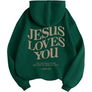 image:imageGORGLITTER Womens Y2K Christian Jesus Hoodies Trendy Graphic Letter Long Sleeve Fall Oversized Halloween SweatshirtsDark Green