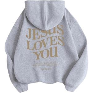 image:imageGORGLITTER Womens Y2K Christian Jesus Hoodies Trendy Graphic Letter Long Sleeve Fall Oversized Halloween SweatshirtsGrey