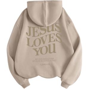 image:imageGORGLITTER Womens Y2K Christian Jesus Hoodies Trendy Graphic Letter Long Sleeve Fall Oversized Halloween SweatshirtsKhaki