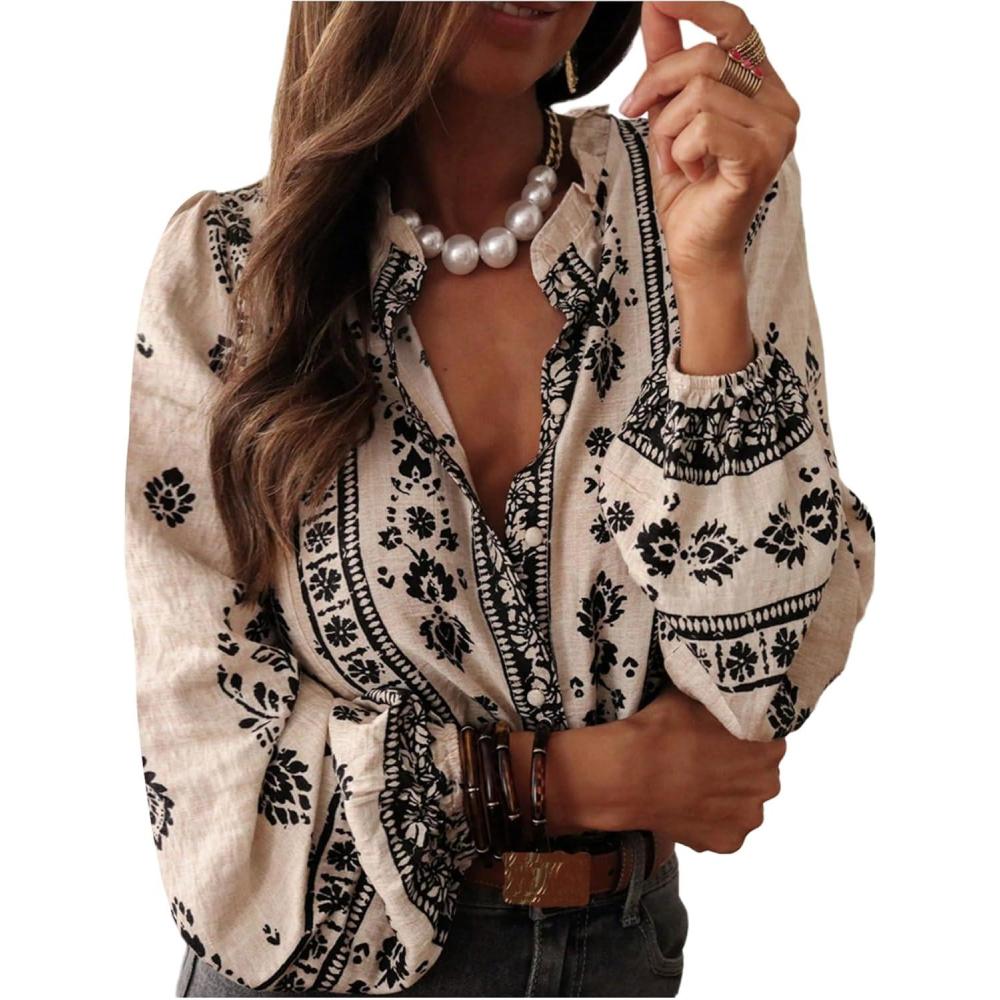 image:imageGORGLITTER Womens Peasant Blouses Boho Button Down Rodeo Outfits Vintage Floral Ruffled Bishop Long Sleeve Shirts TopsApricot