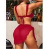 image:imageGORGLITTER Womens 3 Piece Swimsuits Metal Buckle Decor High Cut Bikini Set with Cover Up SkirtRed