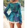 image:imageGORGLITTER Womens Bell Sleeve Tops Tie Front Sheer Mesh V Neck Ruffle Peplum Blouse TopBlue