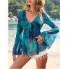 image:imageGORGLITTER Womens Bell Sleeve Tops Tie Front Sheer Mesh V Neck Ruffle Peplum Blouse TopBlue