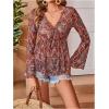 image:imageGORGLITTER Womens Bell Sleeve Tops Tie Front Sheer Mesh V Neck Ruffle Peplum Blouse TopBurgundy