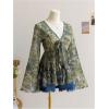 image:imageGORGLITTER Womens Bell Sleeve Tops Tie Front Sheer Mesh V Neck Ruffle Peplum Blouse TopGreen Floral