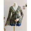 image:imageGORGLITTER Womens Bell Sleeve Tops Tie Front Sheer Mesh V Neck Ruffle Peplum Blouse TopGreen Floral