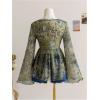 image:imageGORGLITTER Womens Bell Sleeve Tops Tie Front Sheer Mesh V Neck Ruffle Peplum Blouse TopGreen Floral