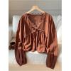 image:imageGORGLITTER Womens Boho Peasant Blouses Lace Trim Babydoll Top Bishop Long Sleeve V Neck Cute Spring Going Out OutfitsBrown