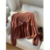 image:imageGORGLITTER Womens Boho Peasant Blouses Lace Trim Babydoll Top Bishop Long Sleeve V Neck Cute Spring Going Out OutfitsBrown