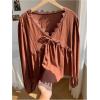 image:imageGORGLITTER Womens Boho Peasant Blouses Lace Trim Babydoll Top Bishop Long Sleeve V Neck Cute Spring Going Out OutfitsBrown