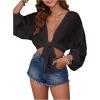 image:imageGORGLITTER Womens Boho Tie Front Tops Sheer Lantern Long Sleeve Blouse Summer Vacation Going Out Outfits Swim Cover UpBlack