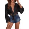 image:imageGORGLITTER Womens Boho Tie Front Tops Sheer Lantern Long Sleeve Blouse Summer Vacation Going Out Outfits Swim Cover UpBlack