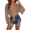 image:imageGORGLITTER Womens Boho Tie Front Tops Sheer Lantern Long Sleeve Blouse Summer Vacation Going Out Outfits Swim Cover UpKhaki