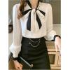 image:imageGORGLITTER Womens Bow Tie Neck Blouse Color Block Long Sleeve Work Shirt Office Business Casual Professional Dressy TopsWhite